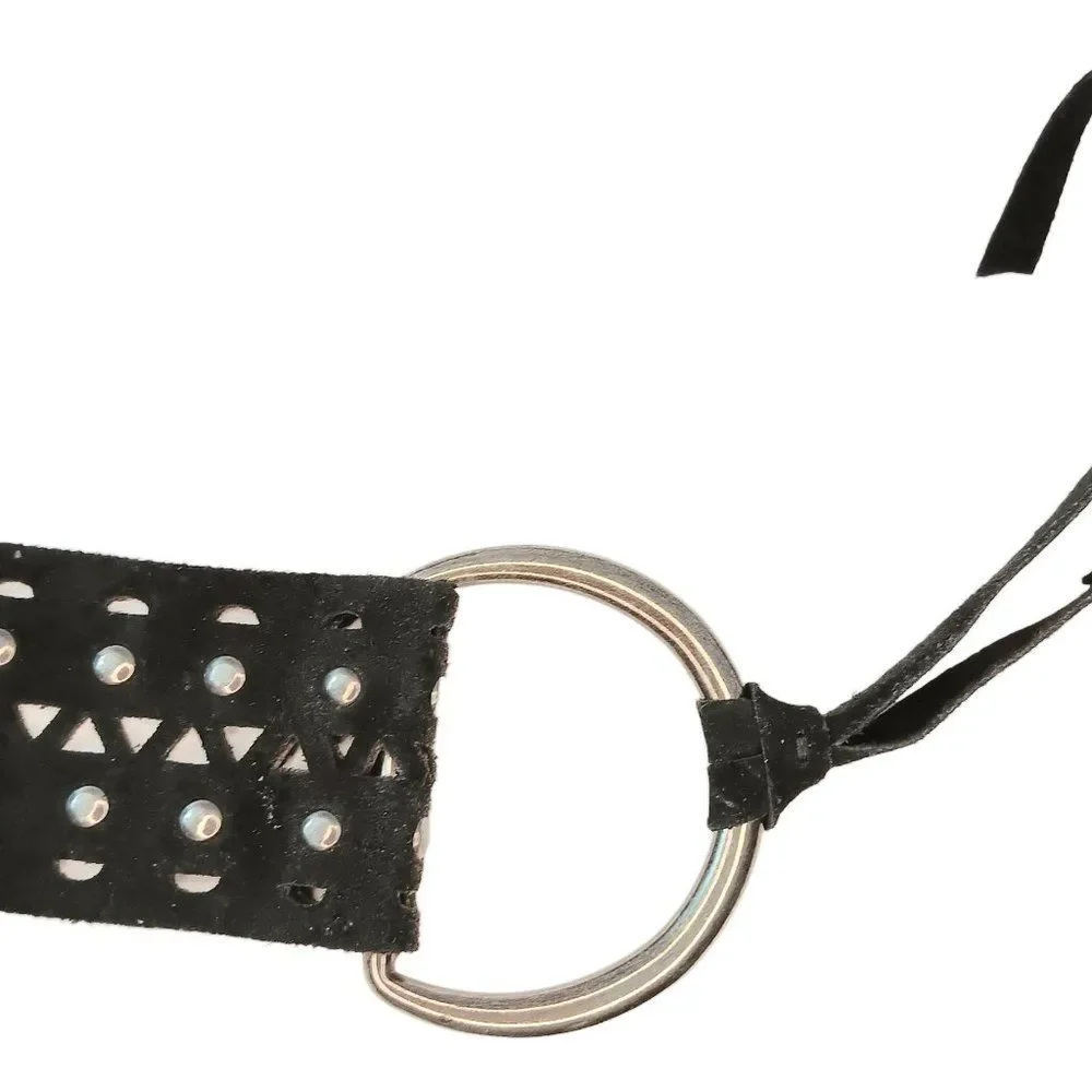 SOLD - Black Leather Belt Cutouts Silver Studs Large Silver Rings Tassles Italy - Picture 6 of 10